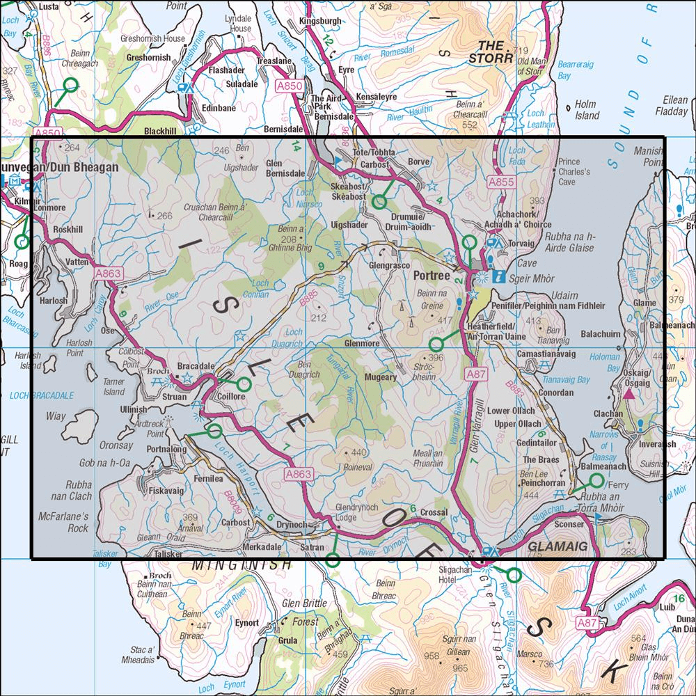 Outdoor Map Navigator image showing the area of the 1:25,000 scale Ordnance Survey Explorer map 410 Skye - Portree & Bracadale
