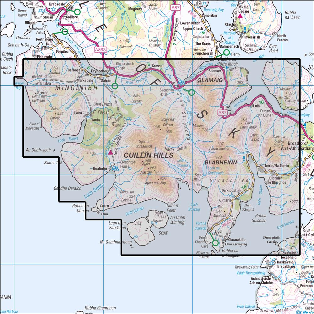 Outdoor Map Navigator image showing the area of the 1:25,000 scale Ordnance Survey Explorer map 411 Skye - Cuillin Hills