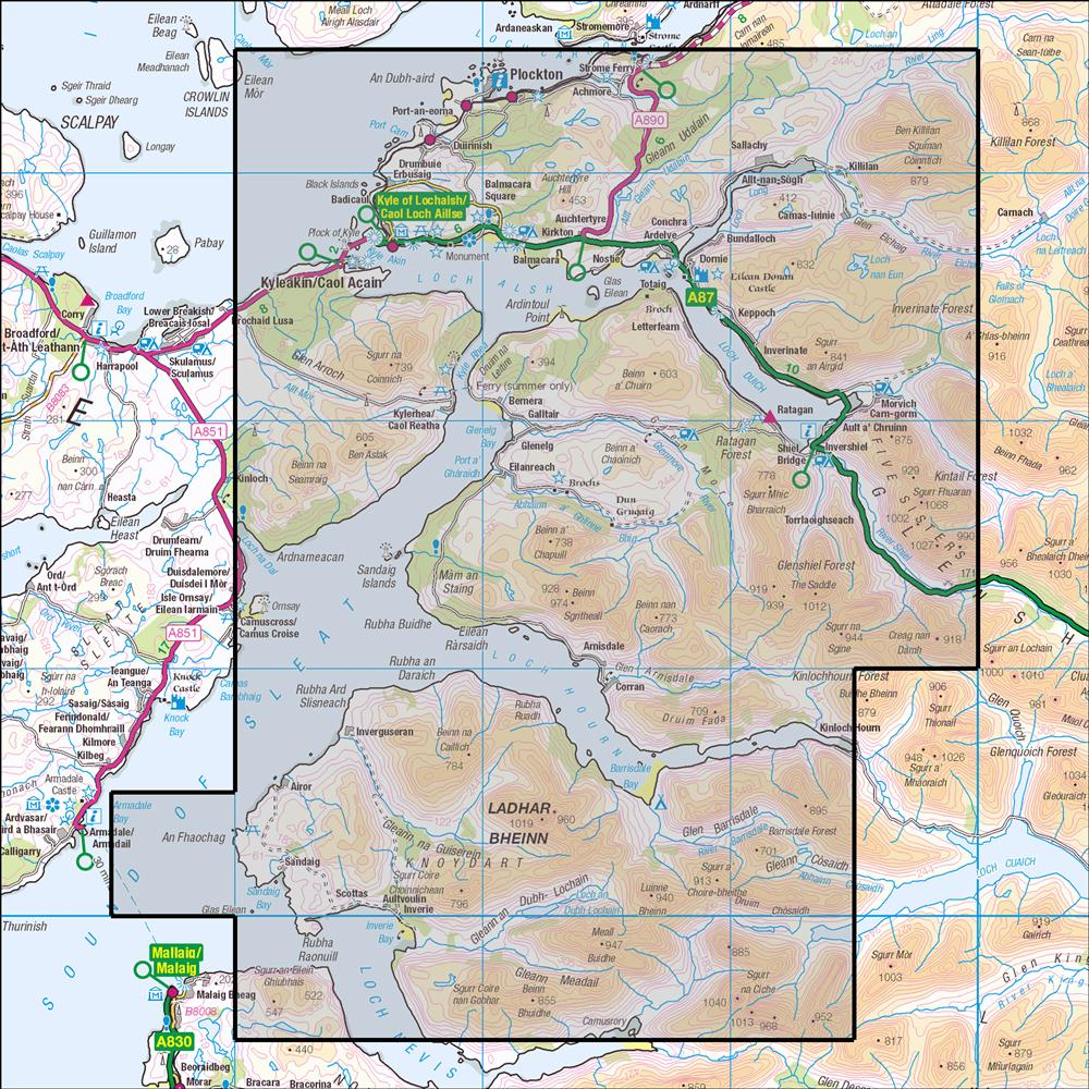 Outdoor Map Navigator image showing the area of the 1:25,000 scale Ordnance Survey Explorer map 413 Knoydart, Loch Hourn & Loch Duich