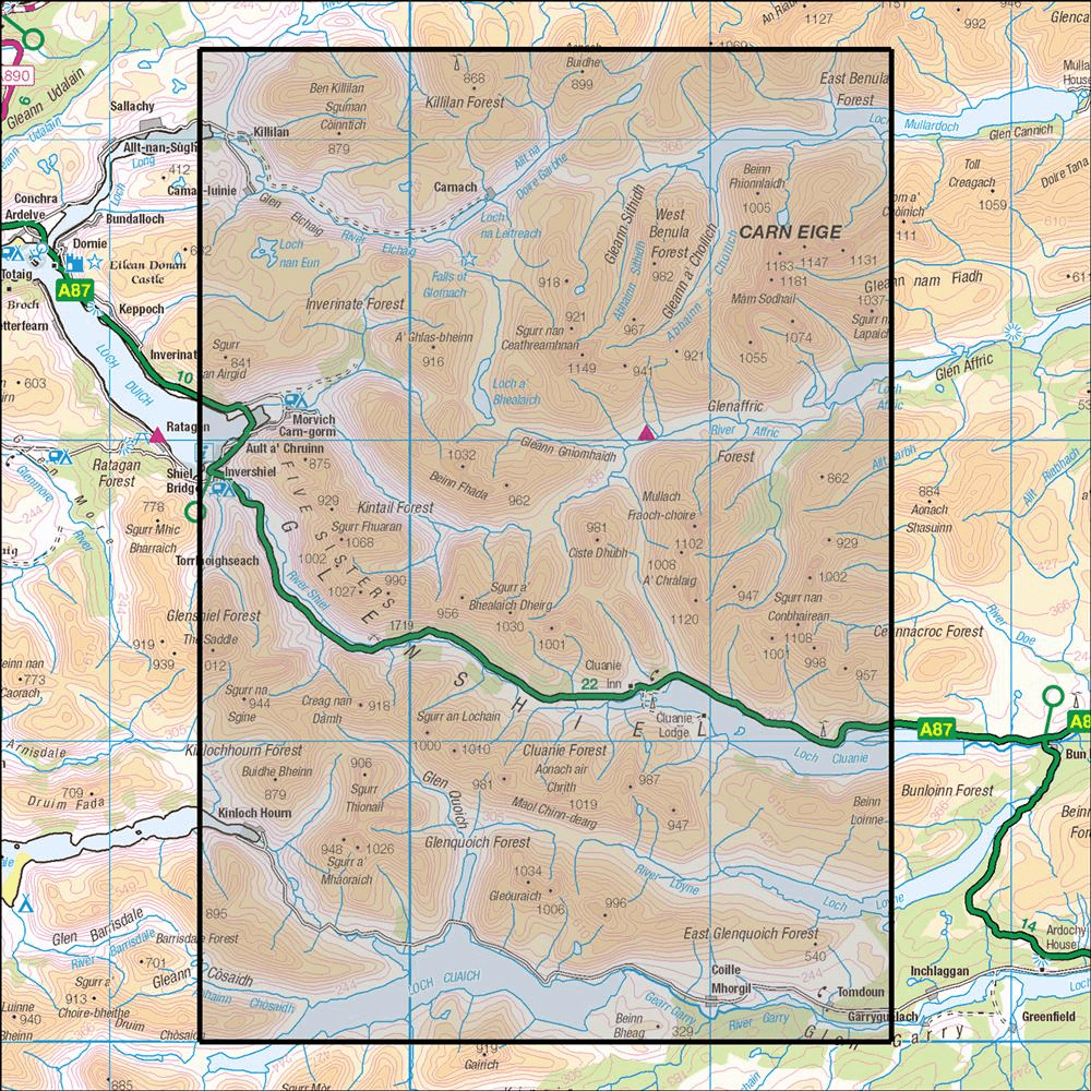 Outdoor Map Navigator image showing the area of the 1:25,000 scale Ordnance Survey Explorer map 414 Glen Shiel & Kintail Forest