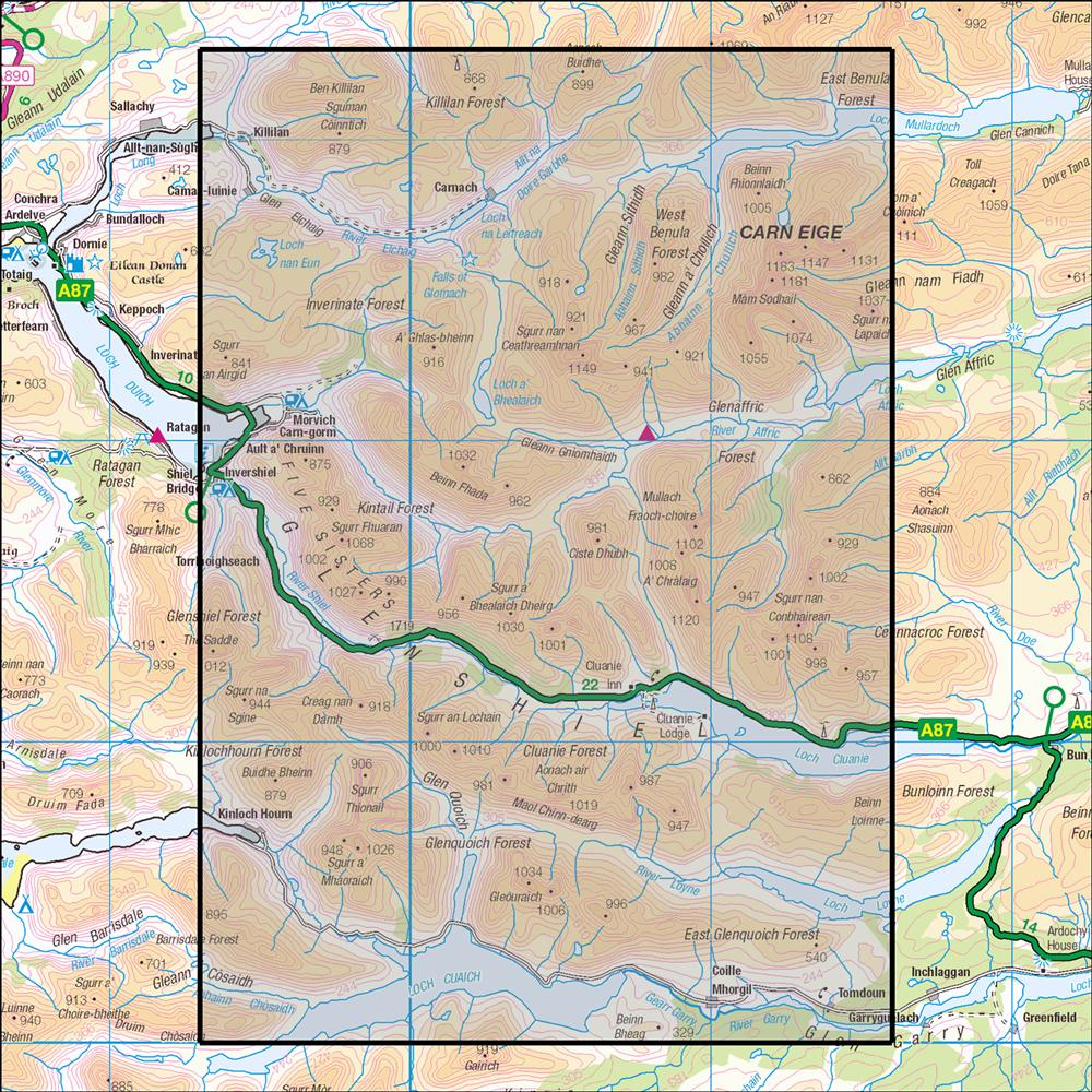 Outdoor Map Navigator image showing the area of the 1:25,000 scale Ordnance Survey Explorer map 414 Glen Shiel & Kintail Forest