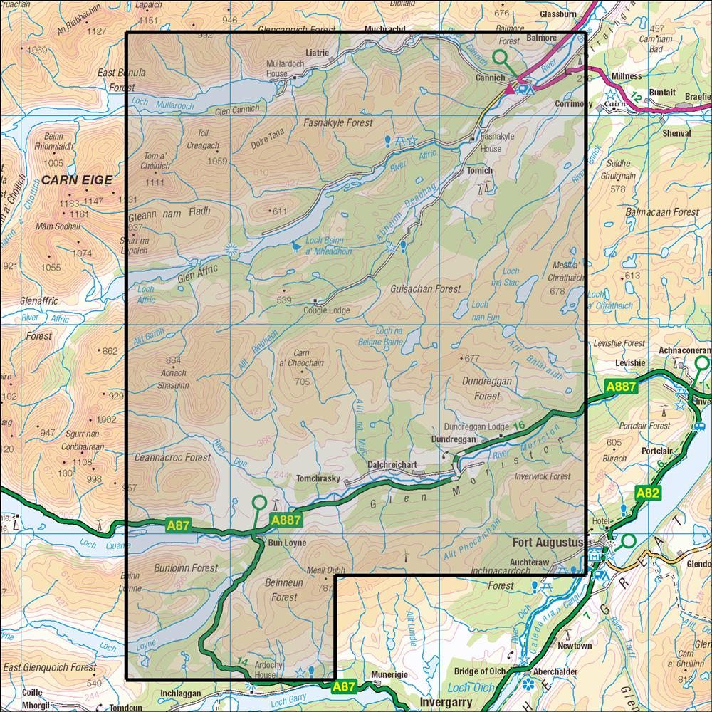 Outdoor Map Navigator image showing the area of the 1:25,000 scale Ordnance Survey Explorer map 415 Glen Affric & Glen Morriston, Cannich