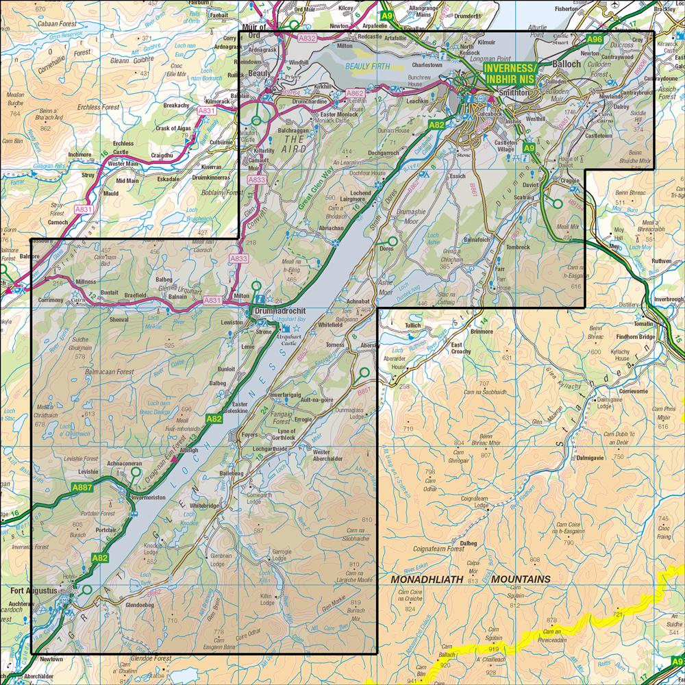 Outdoor Map Navigator image showing the area of the 1:25,000 scale Ordnance Survey Explorer map 416 Inverness, Culloden Moor & Loch Ness