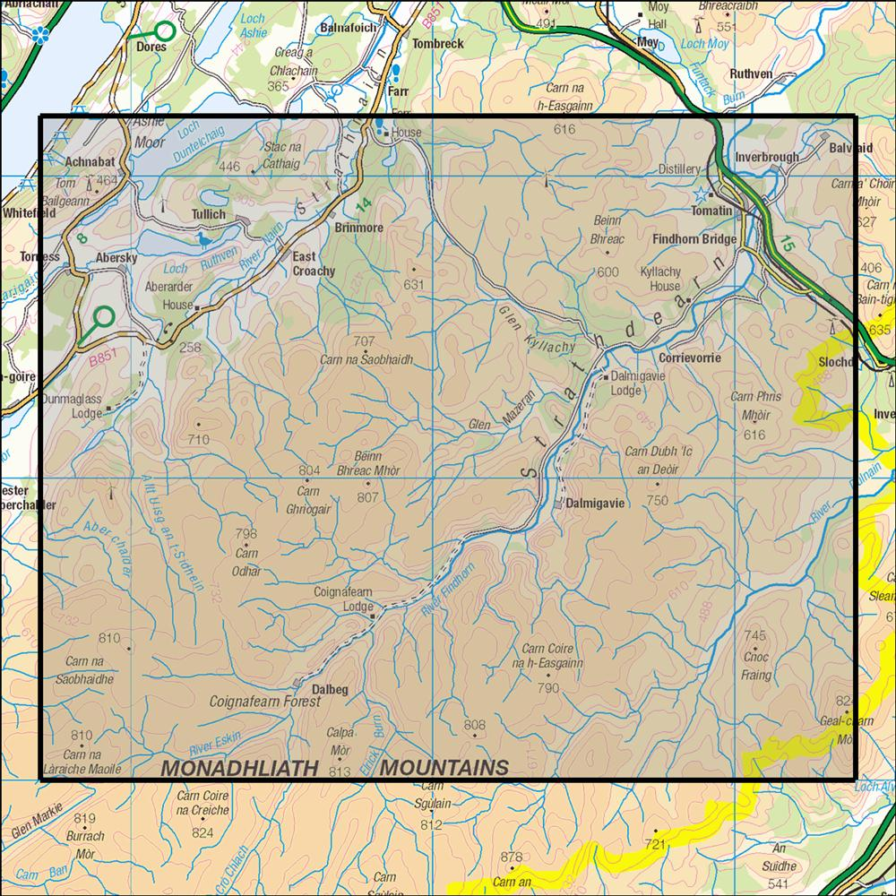 Outdoor Map Navigator image showing the area of the 1:25,000 scale Ordnance Survey Explorer map 417 Monadhliath Mountains North & Strathdearn