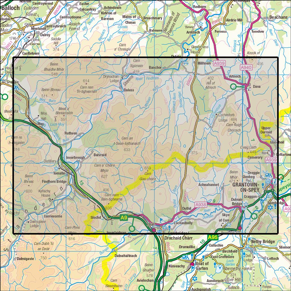 Outdoor Map Navigator image showing the area of the 1:25,000 scale Ordnance Survey Explorer map 418 Lochindorb