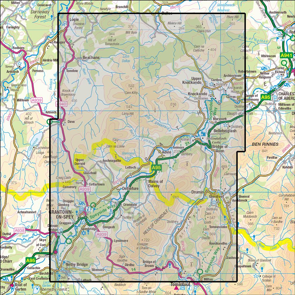 Outdoor Map Navigator image showing the area of the 1:25,000 scale Ordnance Survey Explorer map 419 Grantown-on-Spey & Hills of Cromdale