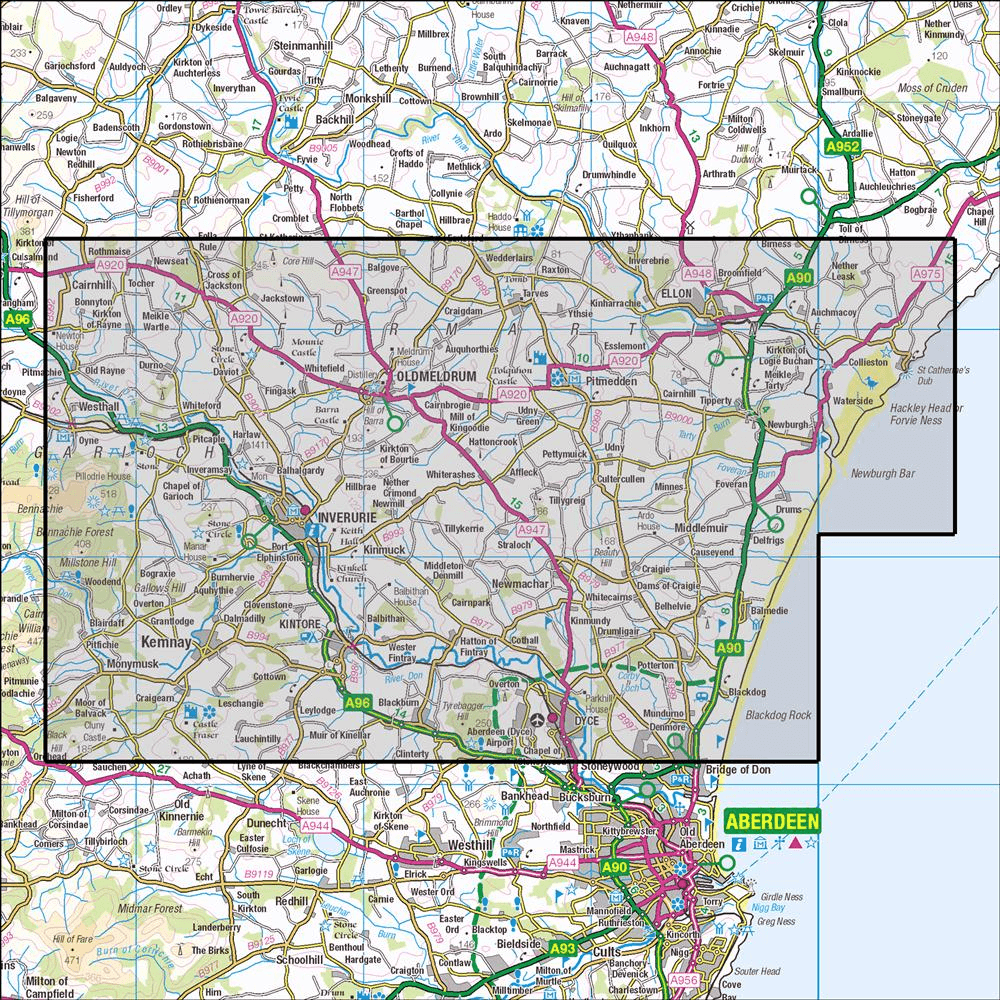 Outdoor Map Navigator image showing the area of the 1:25,000 scale Ordnance Survey Explorer map 421 Formantine, Inverurie, Ellon & Oldmeldrum