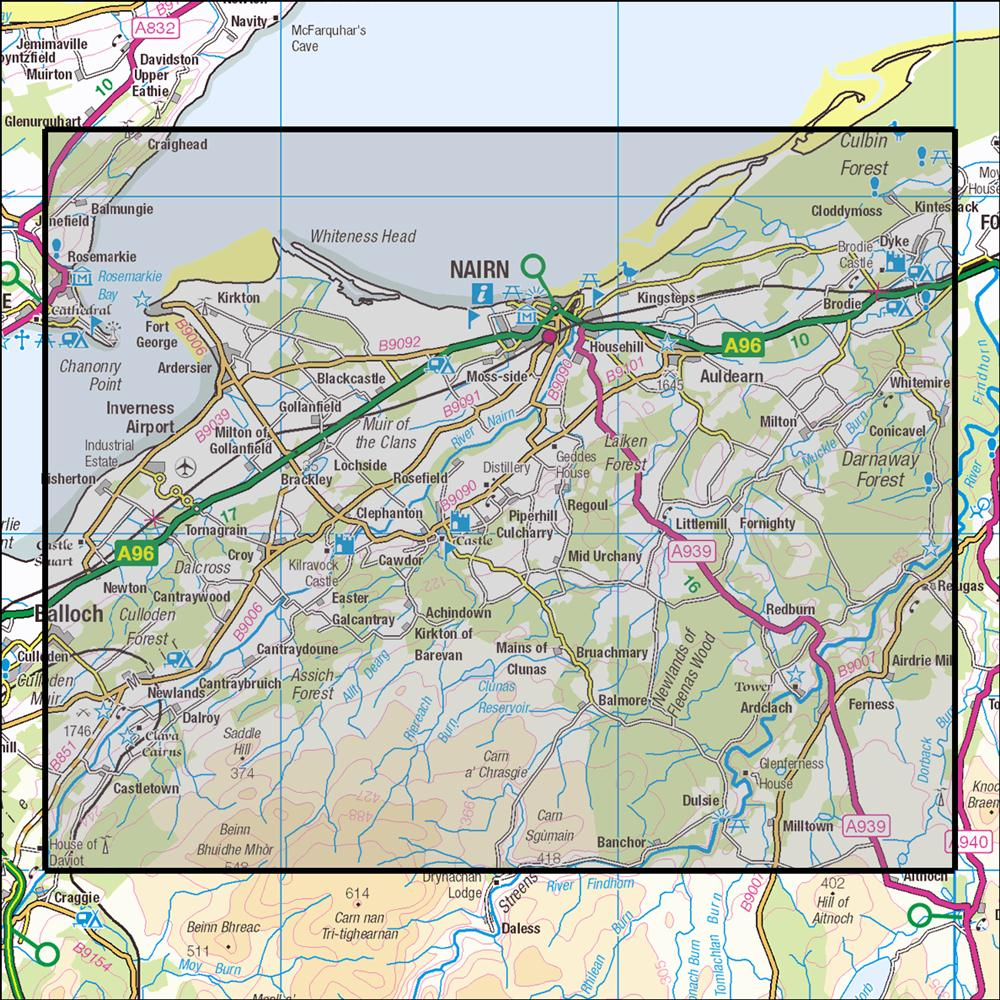Outdoor Map Navigator image showing the area of the 1:25,000 scale Ordnance Survey Explorer map 422 Nairn & Cawdor