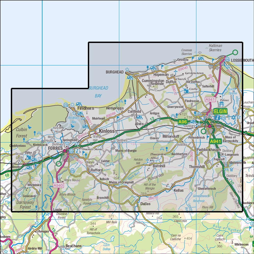Outdoor Map Navigator image showing the area of the 1:25,000 scale Ordnance Survey Explorer map 423 Elgin & Forres