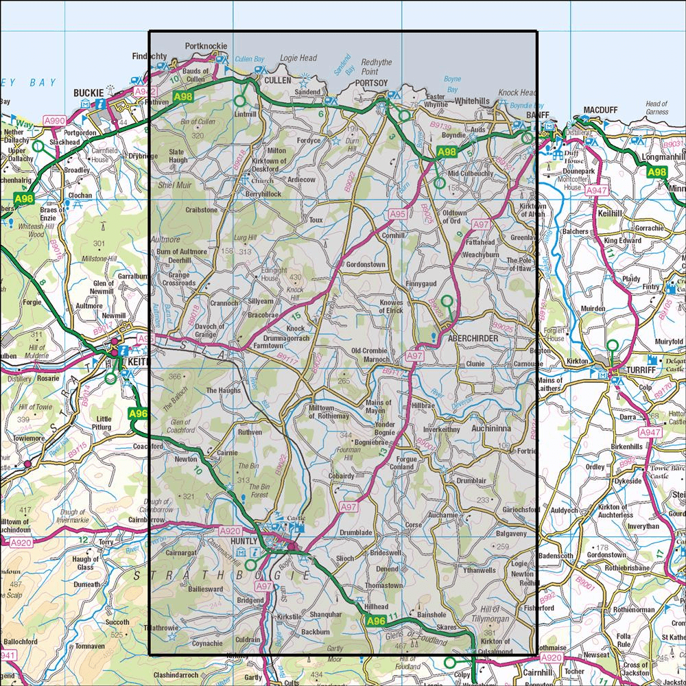 Outdoor Map Navigator image showing the area of the 1:25,000 scale Ordnance Survey Explorer map 425 Huntly & Cullen, Portknockie & Portsoy