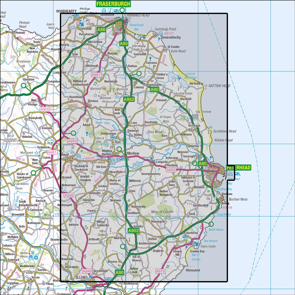 Outdoor Map Navigator image showing the area of the 1:25,000 scale Ordnance Survey Explorer map 427 Peterhead & Fraserburgh