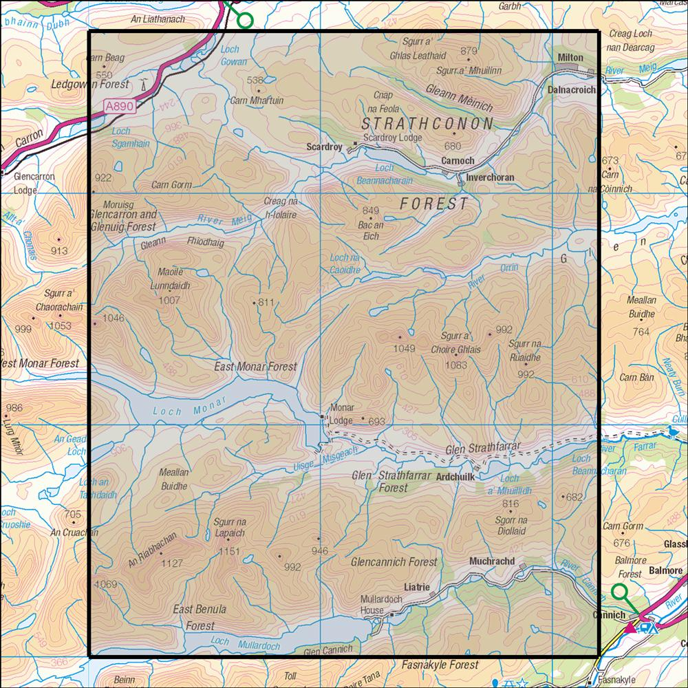 Outdoor Map Navigator image showing the area of the 1:25,000 scale Ordnance Survey Explorer map 430 Loch Monar, Glen Cannich & Glen Strathfarrar