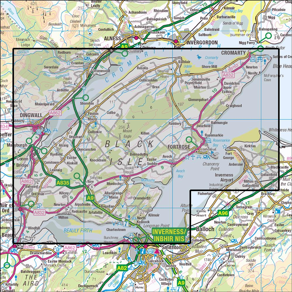 Outdoor Map Navigator image showing the area of the 1:25,000 scale Ordnance Survey Explorer map 432 Black Isle