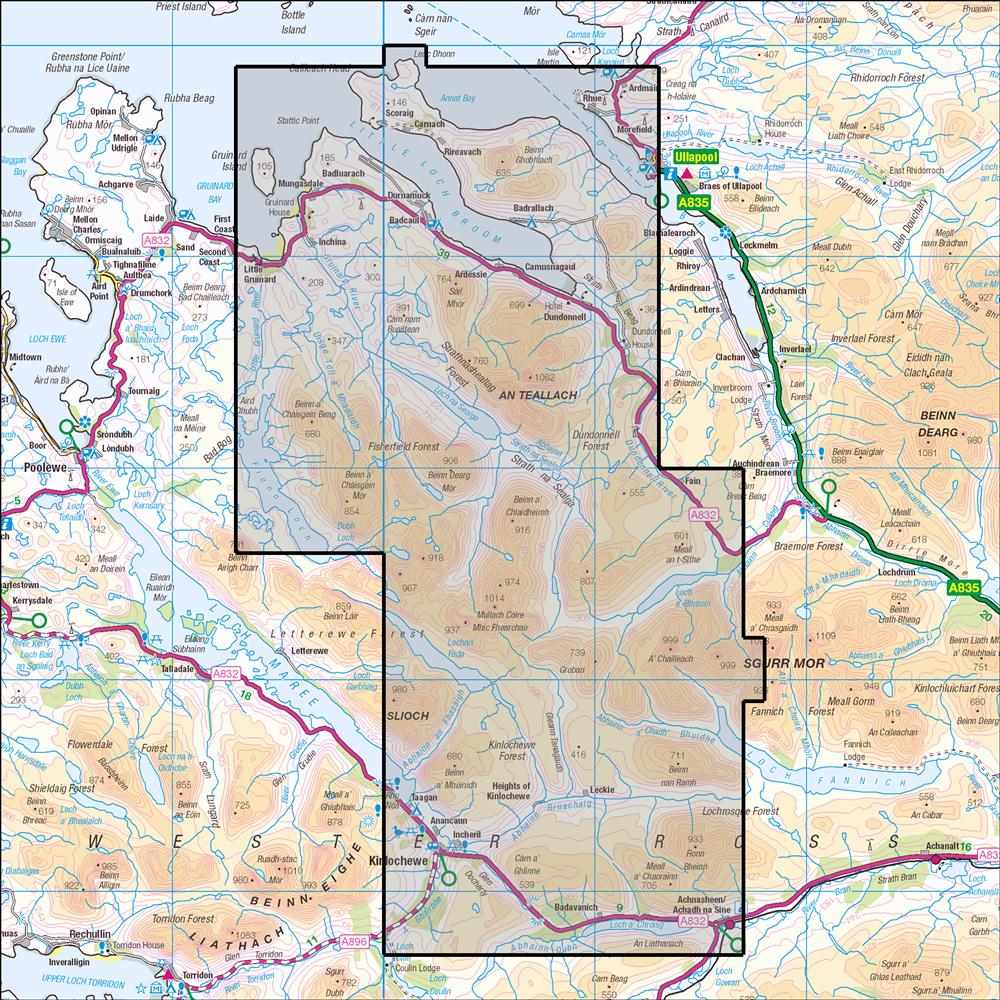 Outdoor Map Navigator image showing the area of the 1:25,000 scale Ordnance Survey Explorer map 435 An Teallach & Slioch, Kinlochewe