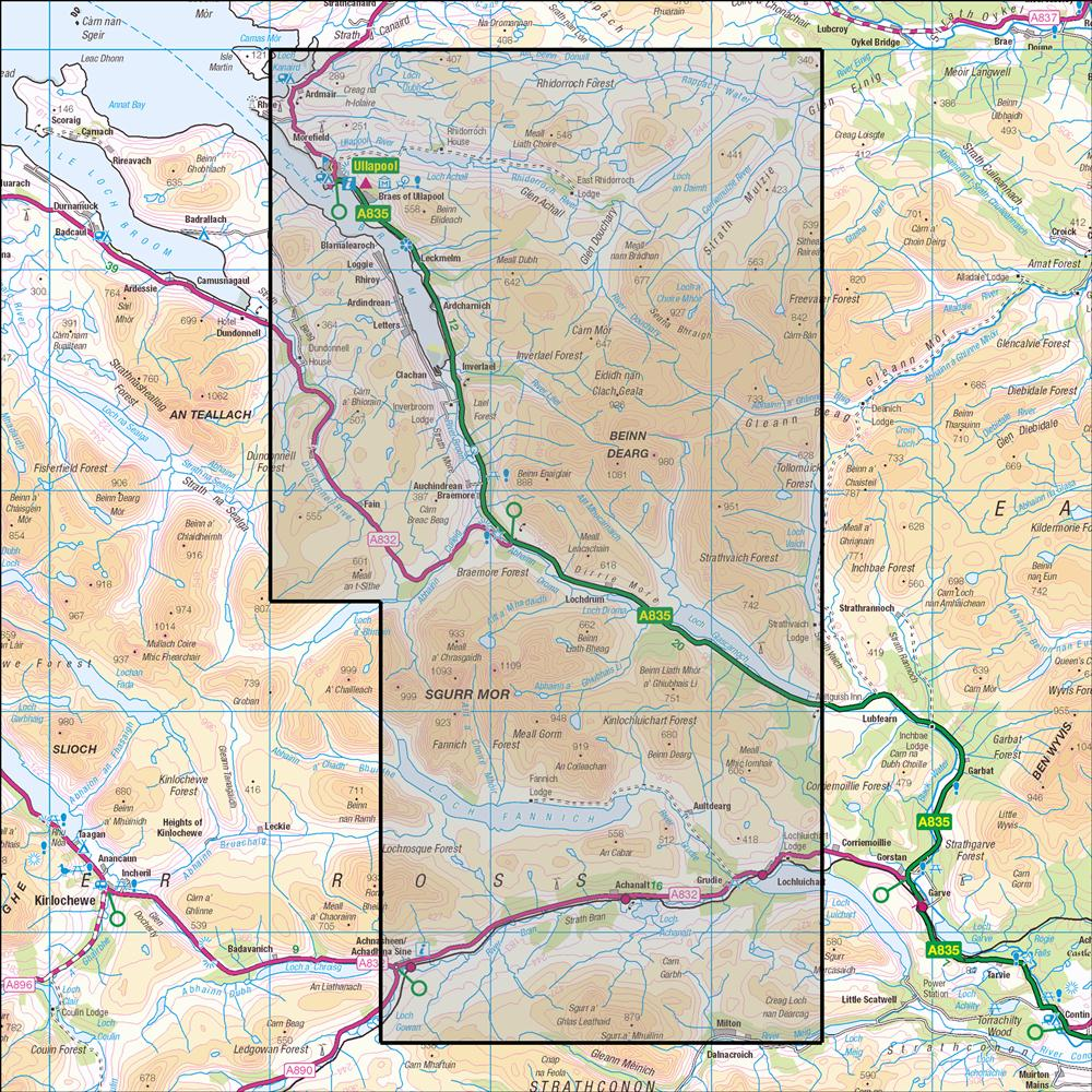 Outdoor Map Navigator image showing the area of the 1:25,000 scale Ordnance Survey Explorer map 436 Beinn Dearg & Loch Fannich