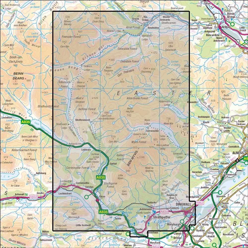 Outdoor Map Navigator image showing the area of the 1:25,000 scale Ordnance Survey Explorer map 437 Ben Wyvis & Strathpeffer