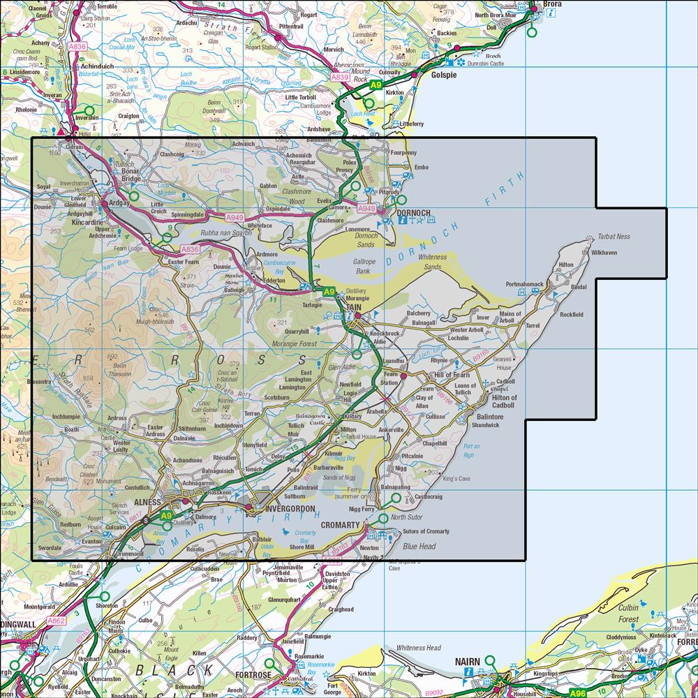 Outdoor Map Navigator image showing the area of the 1:25,000 scale Ordnance Survey Explorer map 438 Dornoch & Tain