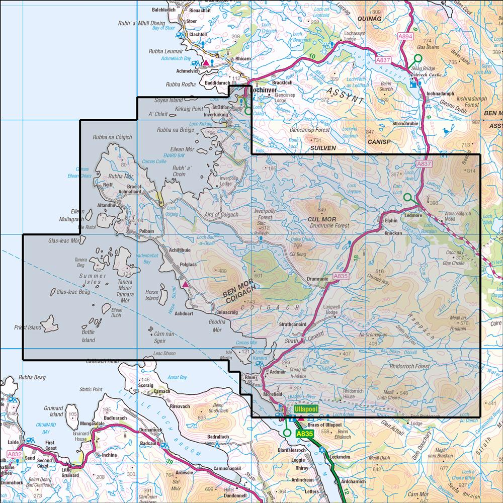 Outdoor Map Navigator image showing the area of the 1:25,000 scale Ordnance Survey Explorer map 439 Coigach & Summer Isles