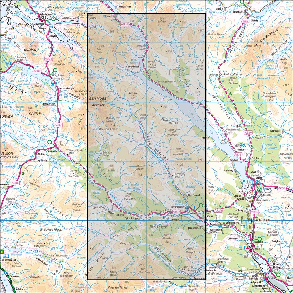 Outdoor Map Navigator image showing the area of the 1:25,000 scale Ordnance Survey Explorer map 440 Glen Cassley & Glen Oykel