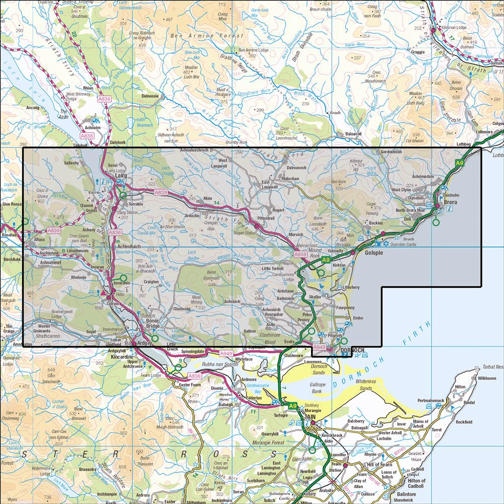 Outdoor Map Navigator image showing the area of the 1:25,000 scale Ordnance Survey Explorer map 441 Lairg, Bonar Bridge & Golspie