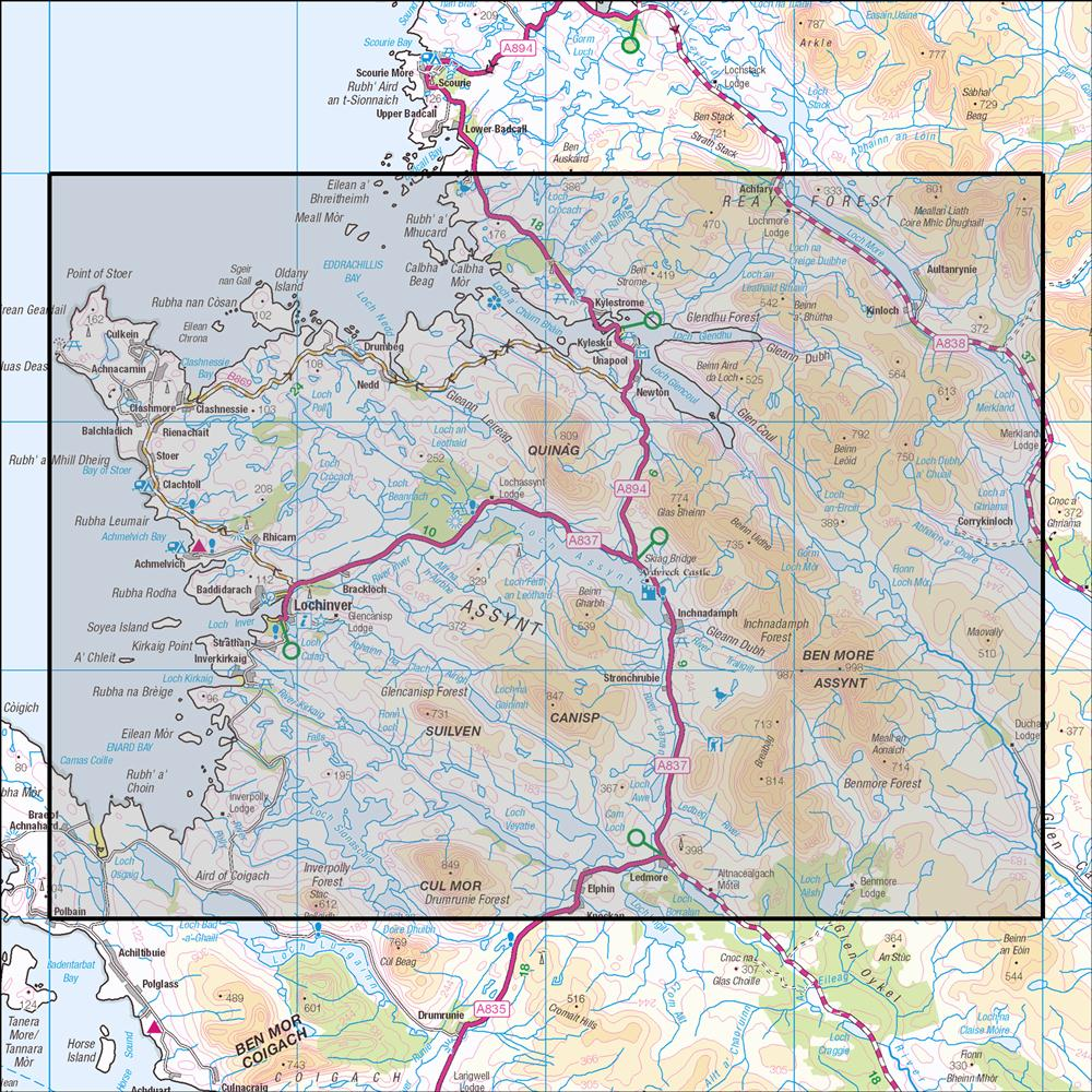 Outdoor Map Navigator image showing the area of the 1:25,000 scale Ordnance Survey Explorer map 442 Assynt & Lochinver
