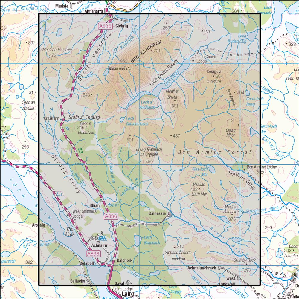 Outdoor Map Navigator image showing the area of the 1:25,000 scale Ordnance Survey Explorer map 443 Ben Klibreck & Ben Armine Forest