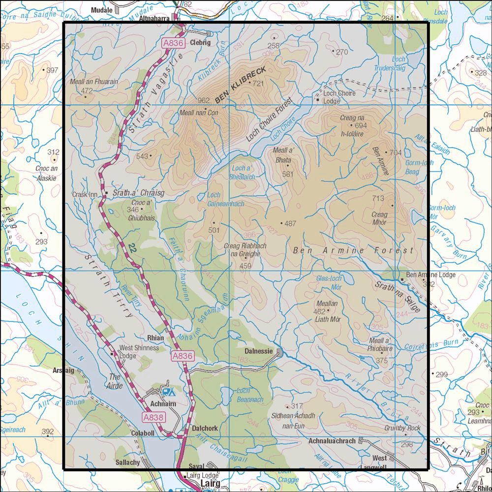 Outdoor Map Navigator image showing the area of the 1:25,000 scale Ordnance Survey Explorer map 443 Ben Klibreck & Ben Armine Forest