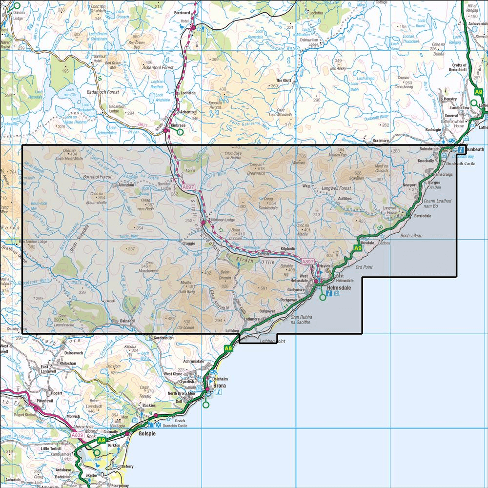 Outdoor Map Navigator image showing the area of the 1:25,000 scale Ordnance Survey Explorer map 444 Helmsdale & Strath of Kildonan