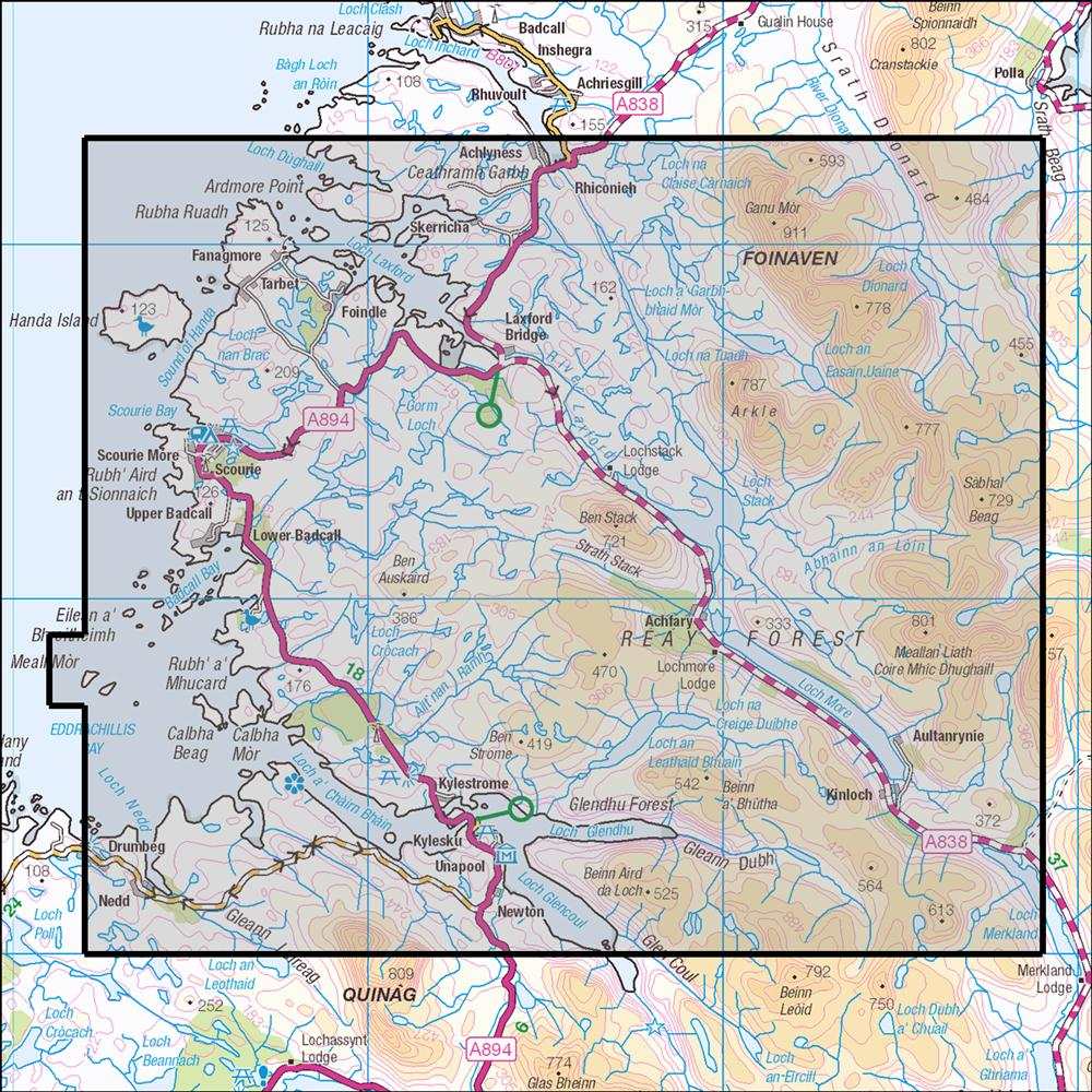 Outdoor Map Navigator image showing the area of the 1:25,000 scale Ordnance Survey Explorer map 445 Foinaven, Arkle, Kylesku & Scourie