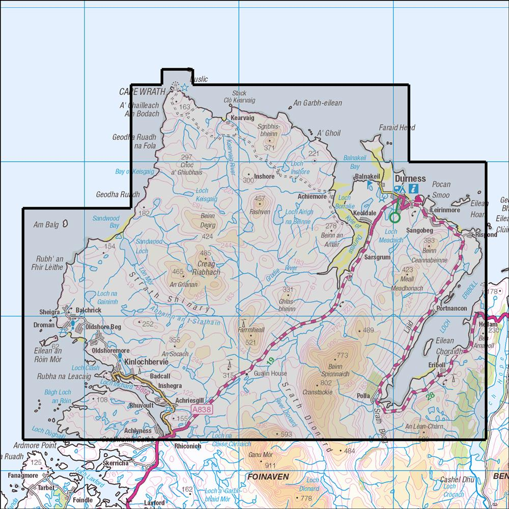 Outdoor Map Navigator image showing the area of the 1:25,000 scale Ordnance Survey Explorer map 446 Durness & Cape Wrath
