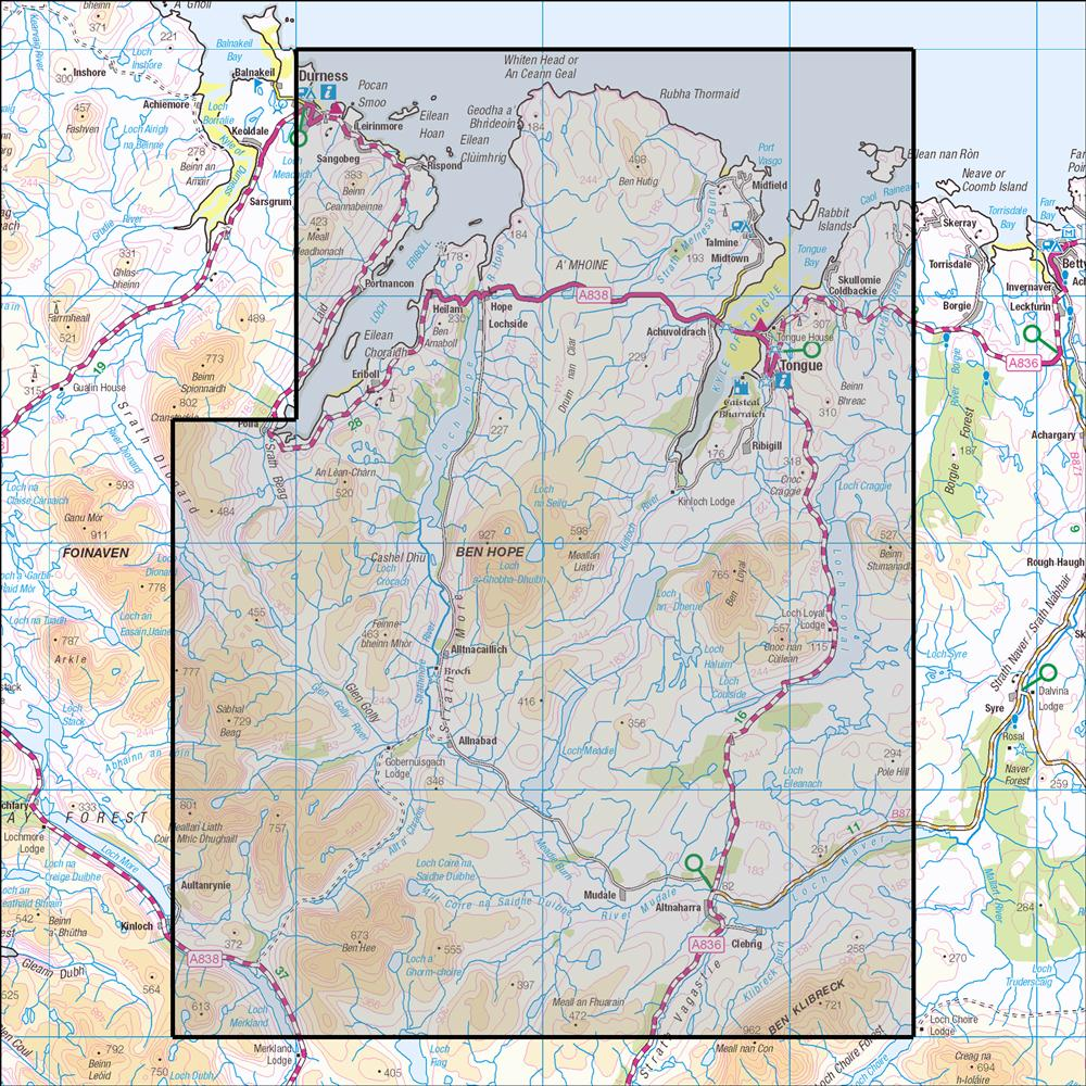 Outdoor Map Navigator image showing the area of the 1:25,000 scale Ordnance Survey Explorer map 447 Ben Hope, Ben Loyal & Kyle of Tongue