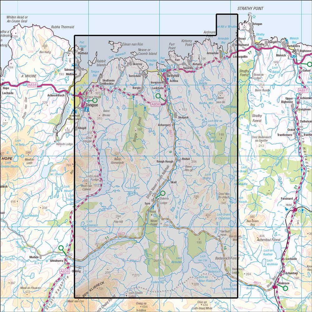 Outdoor Map Navigator image showing the area of the 1:25,000 scale Ordnance Survey Explorer map 448 Strath Naver/Srath Nabhair & Loch Loyal
