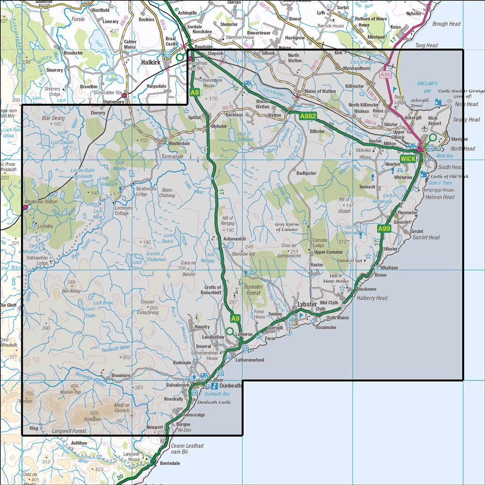 Outdoor Map Navigator image showing the area of the 1:25,000 scale Ordnance Survey Explorer map 450 Wick & the Flow Country