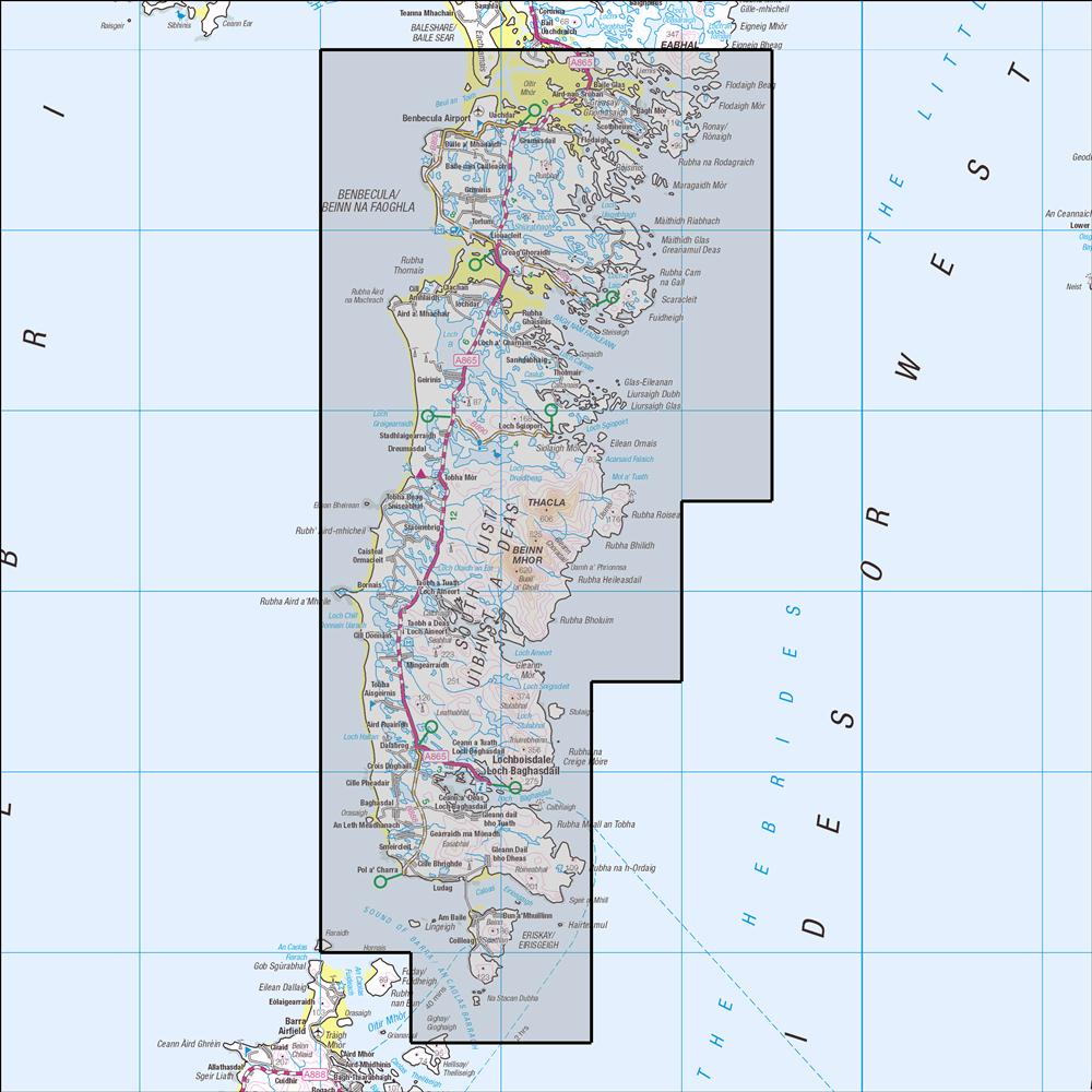 Outdoor Map Navigator image showing the area of the 1:25,000 scale Ordnance Survey Explorer map 453 Benbecula & South Uist / Beinn na Faoghla agus
