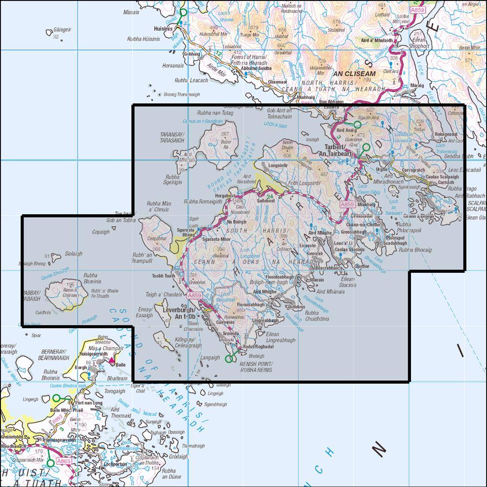 Outdoor Map Navigator image showing the area of the 1:25,000 scale Ordnance Survey Explorer map 455 South Harris / Ceann a Deas na Hearadh