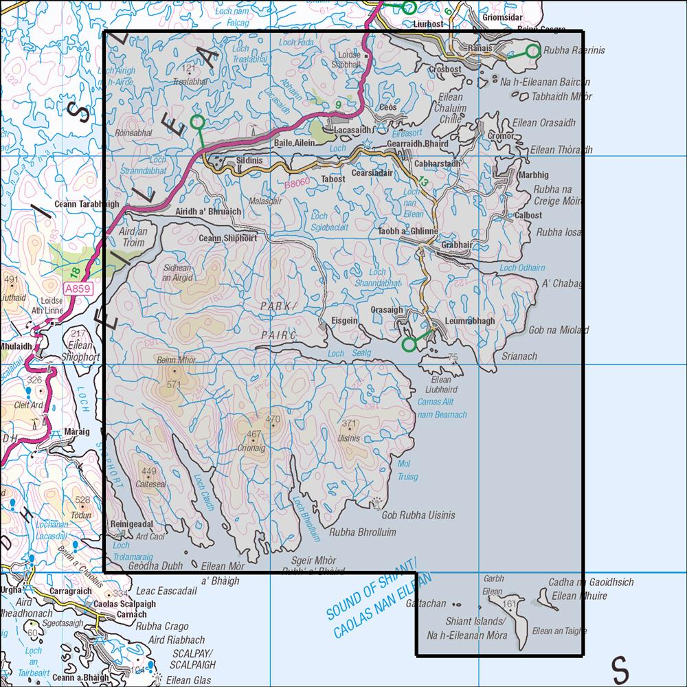 Outdoor Map Navigator image showing the area of the 1:25,000 scale Ordnance Survey Explorer map 457 South East Lewis / Taobh an Eardheas Leodhais