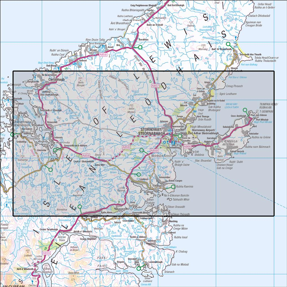 Outdoor Map Navigator image showing the area of the 1:25,000 scale Ordnance Survey Explorer map 459 Central Lewis & Stornoway / Meadhan Leodhais a