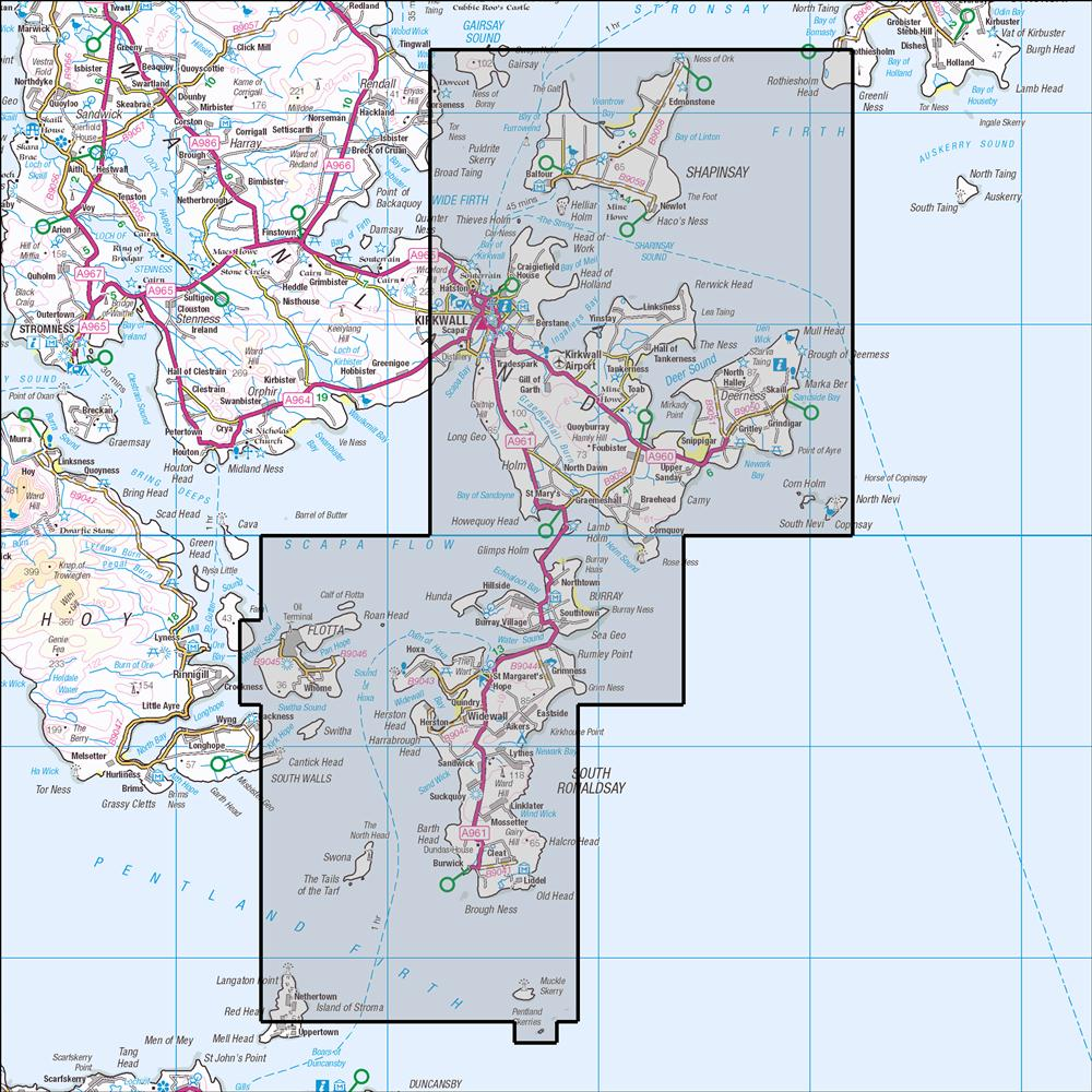 Outdoor Map Navigator image showing the area of the 1:25,000 scale Ordnance Survey Explorer map 461 Orkney - East Mainland