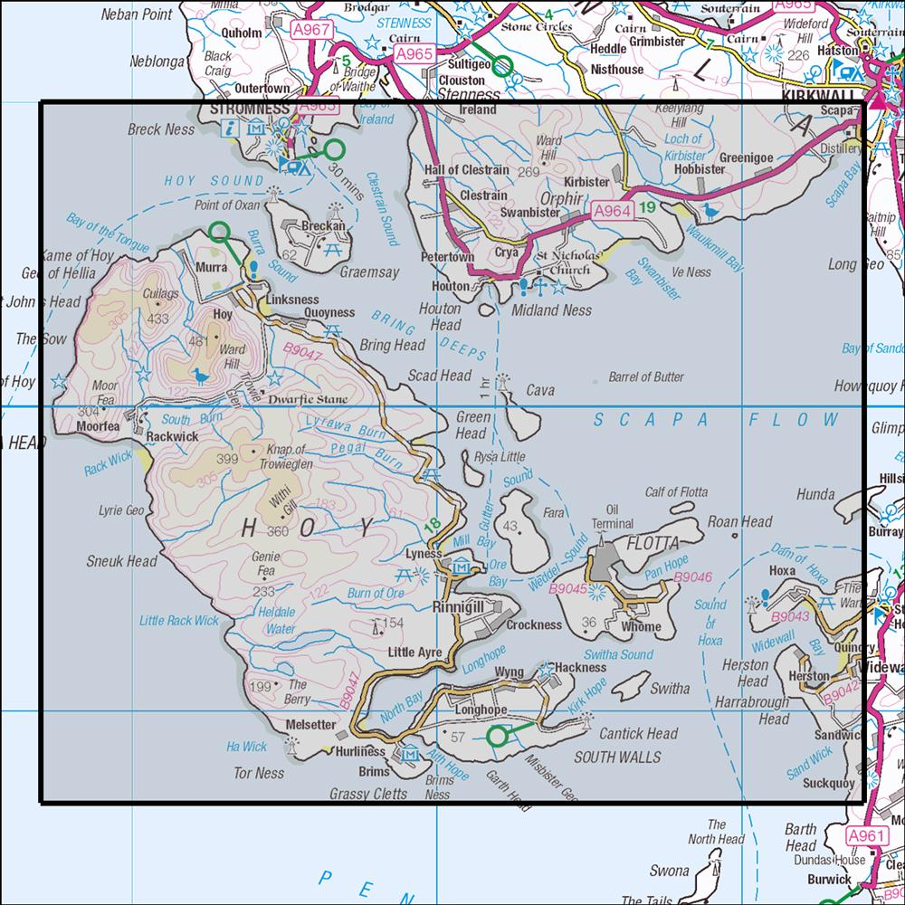 Outdoor Map Navigator image showing the area of the 1:25,000 scale Ordnance Survey Explorer map 462 Orkney - Hoy, Flotta & South Walls
