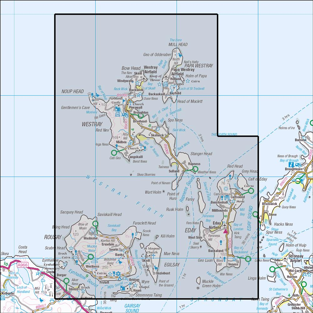 Outdoor Map Navigator image showing the area of the 1:25,000 scale Ordnance Survey Explorer map 464 Orkney - Westray. Rousay & Eday