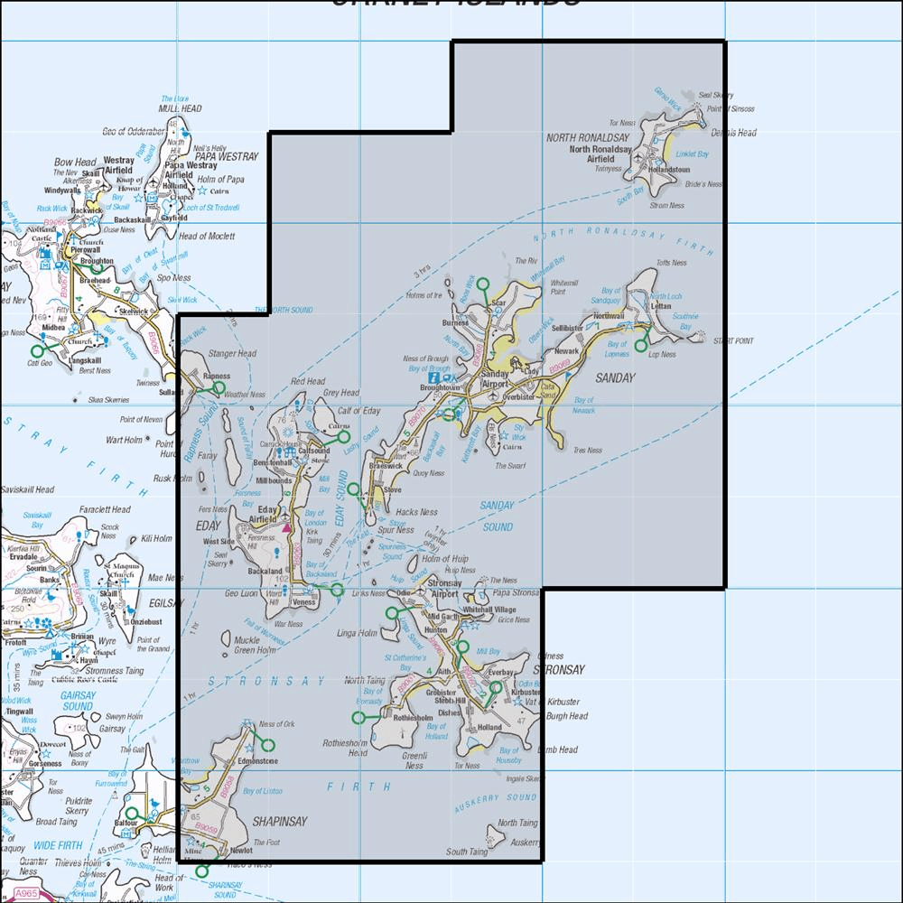 Outdoor Map Navigator image showing the area of the 1:25,000 scale Ordnance Survey Explorer map 465 Orkney - Sanday, Stronsay, Eday & North Ronald