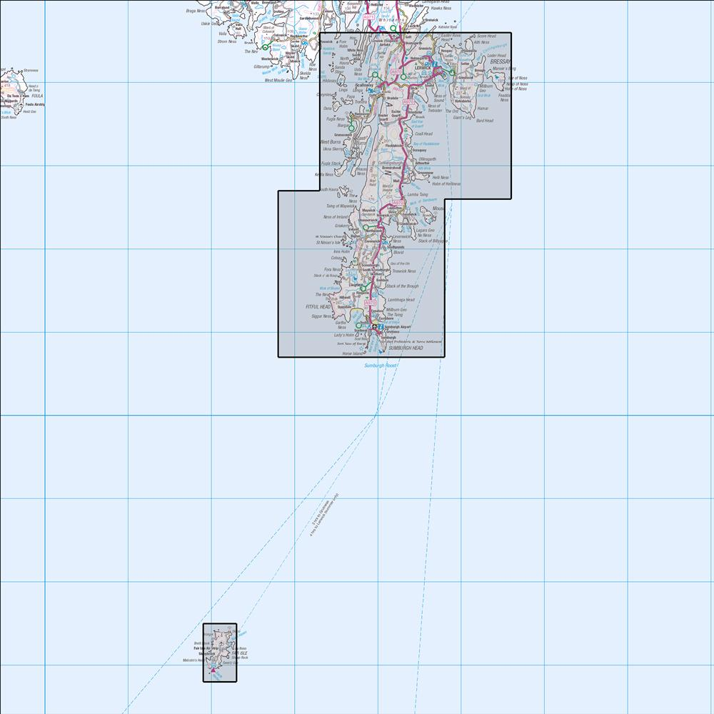 Outdoor Map Navigator image showing the area of the 1:25,000 scale Ordnance Survey Explorer map 466 Shetland - Mainland South