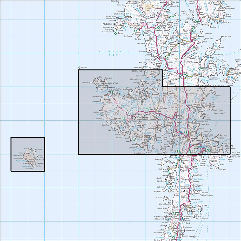 Outdoor Map Navigator image showing the area of the 1:25,000 scale Ordnance Survey Explorer map 467 Central Mainland - Lerwick, Papa Stour & Foula