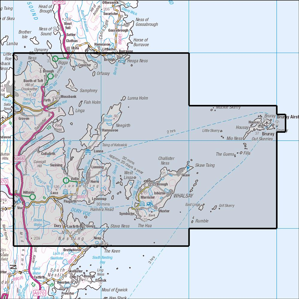 Outdoor Map Navigator image showing the area of the 1:25,000 scale Ordnance Survey Explorer map 468 Shetland - Mainland North East & Whalsay