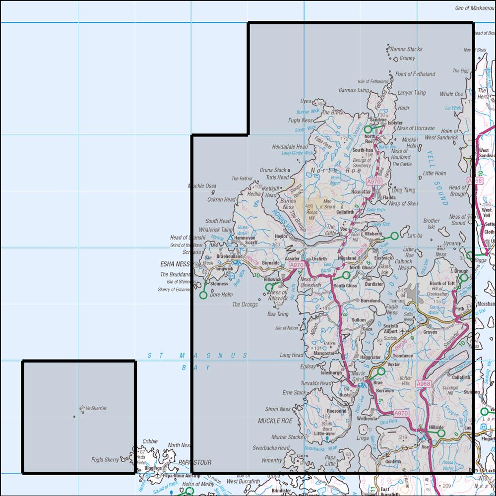 Outdoor Map Navigator image showing the area of the 1:25,000 scale Ordnance Survey Explorer map 469 Shetland - Mainland North