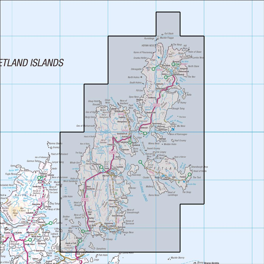 Outdoor Map Navigator image showing the area of the 1:25,000 scale Ordnance Survey Explorer map 470 Shetland - Unst, Yell & Fetlar