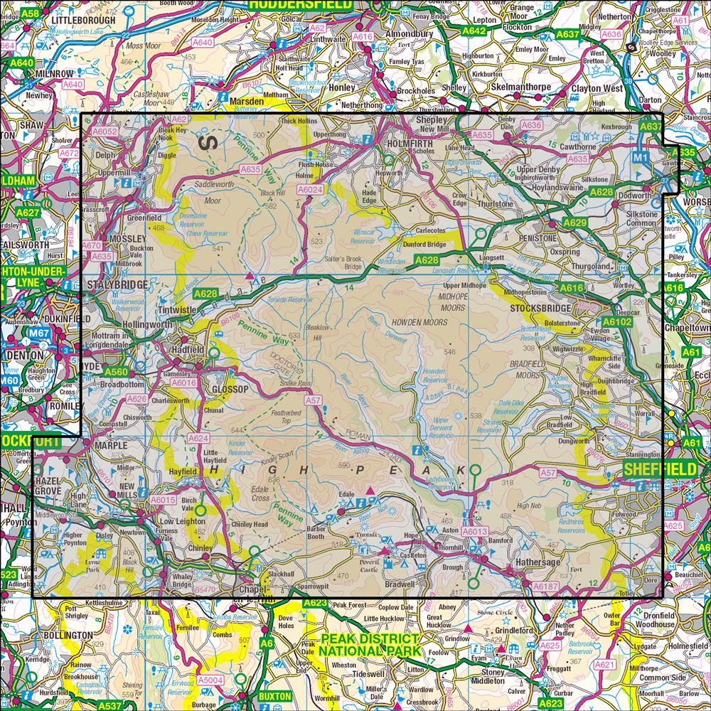 Outdoor Map Navigator image showing the area of the 1:25,000 scale Ordnance Survey Explorer map OL1 Peak District - Dark Peak Area