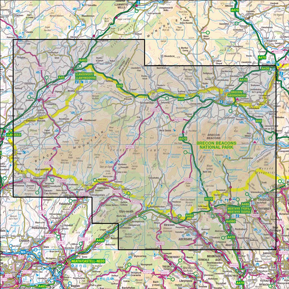 Outdoor Map Navigator image showing the area of the 1:25,000 scale Ordnance Survey Explorer map OL12 Brecon Beacons National Park West & Central