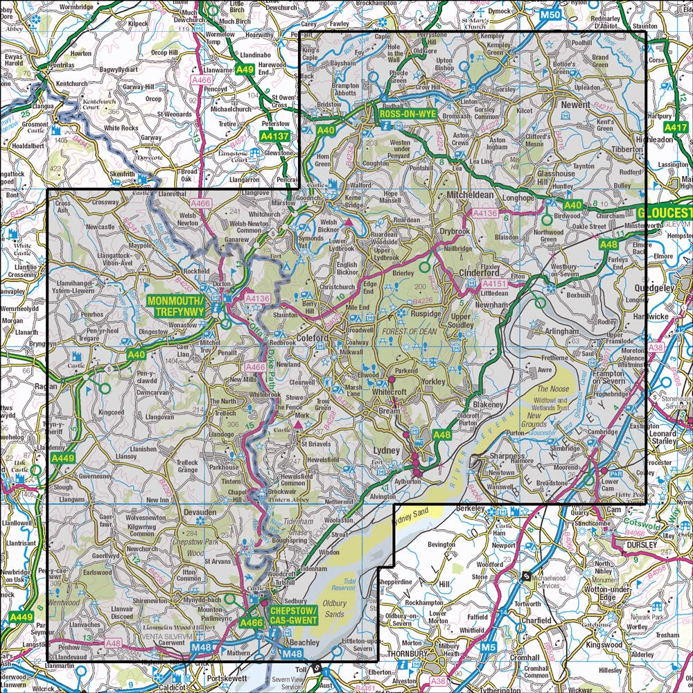 Outdoor Map Navigator image showing the area of the 1:25,000 scale Ordnance Survey Explorer map OL14 Wye Valley & Forest of Dean