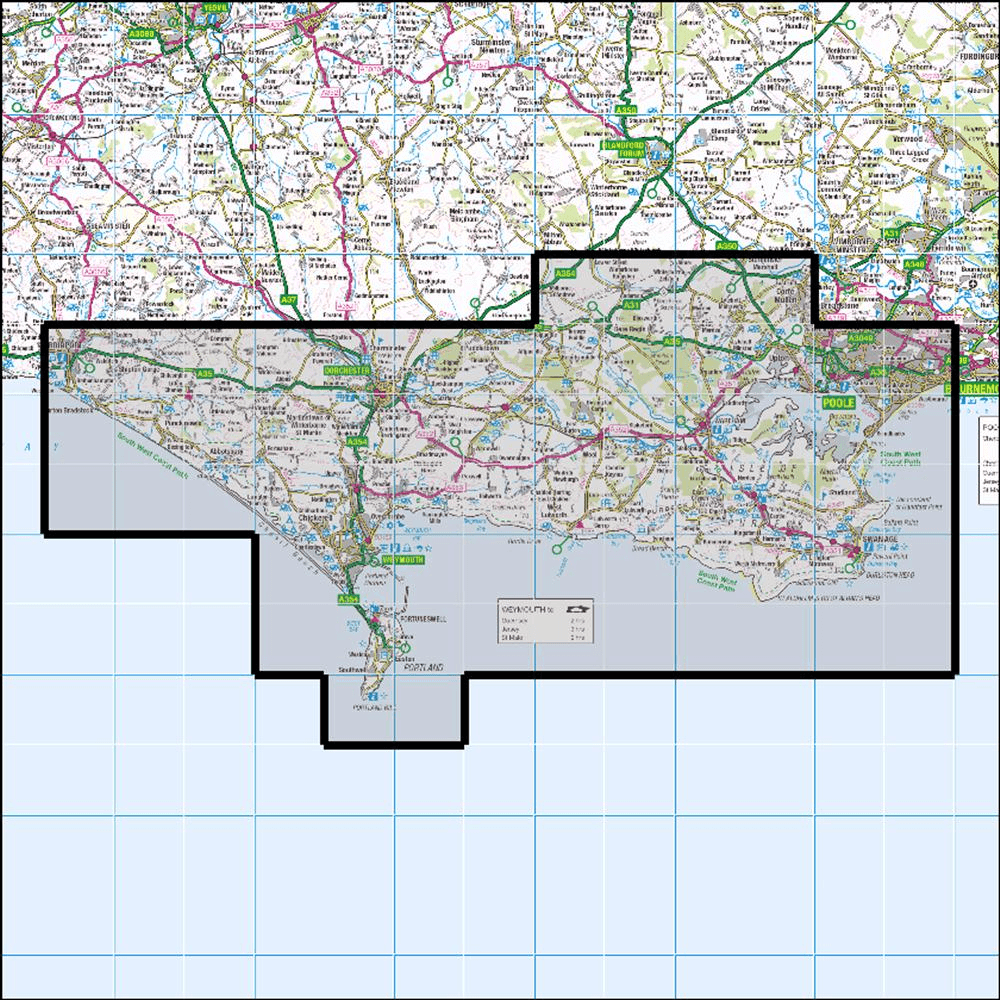 Outdoor Map Navigator image showing the area of the 1:25,000 scale Ordnance Survey Explorer map OL15 Purbeck & South Dorset